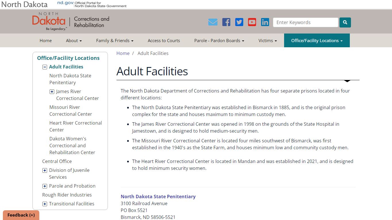 Adult Facilities | North Dakota Department of Corrections and ...